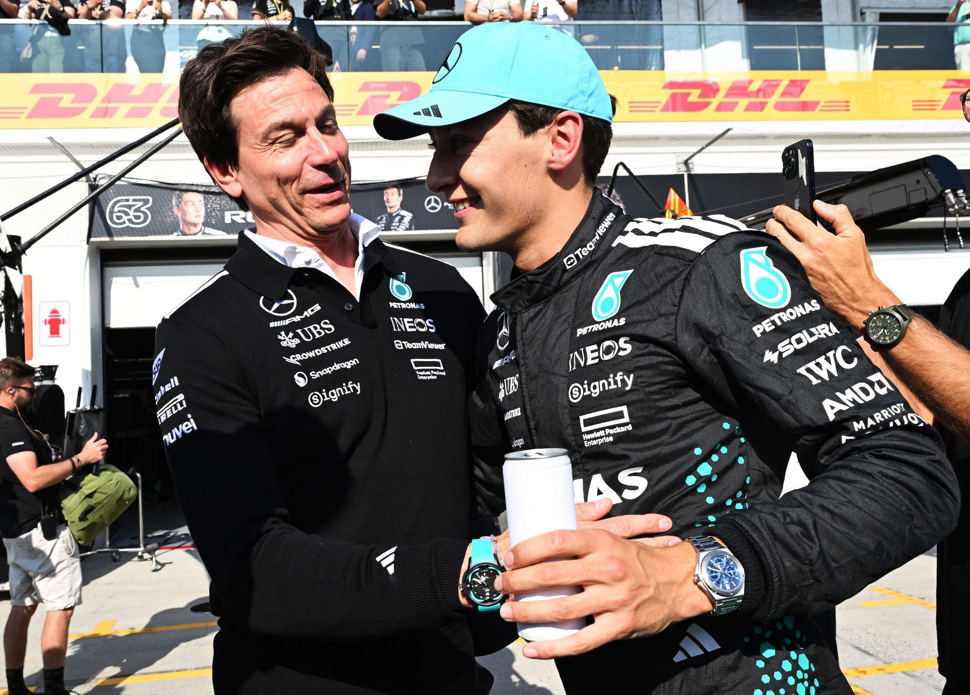 Toto Wolff, Executive Director of Mercedes AMG Petronas F1 Team and George Russell of Great Britain and Mercedes AMG Petronas F1 Team - Source: Getty
